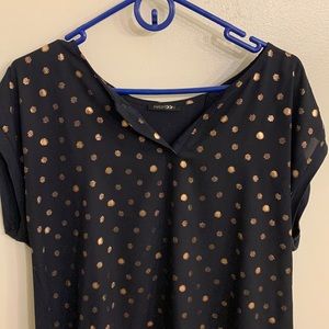 Navy blue with pink gold dots